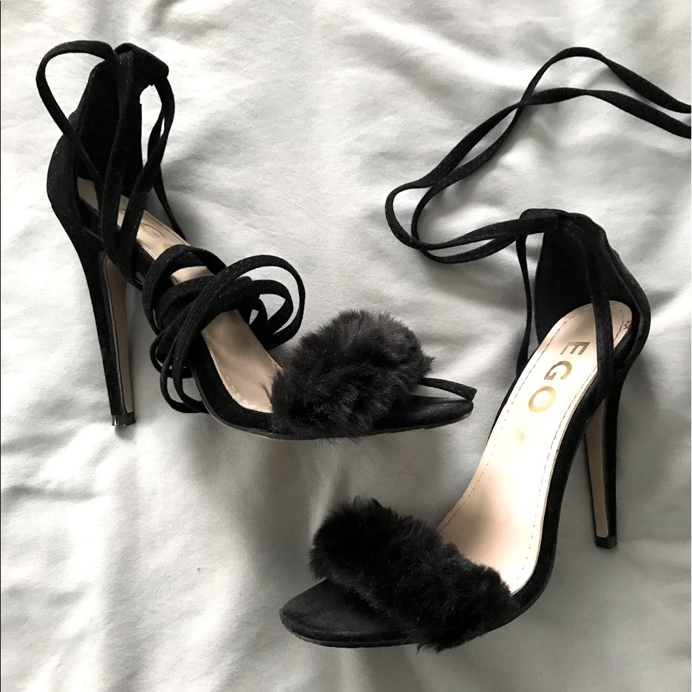 FLUFFY EGO SHOES STRAPPY HEELS WITH ANKLE TIES
